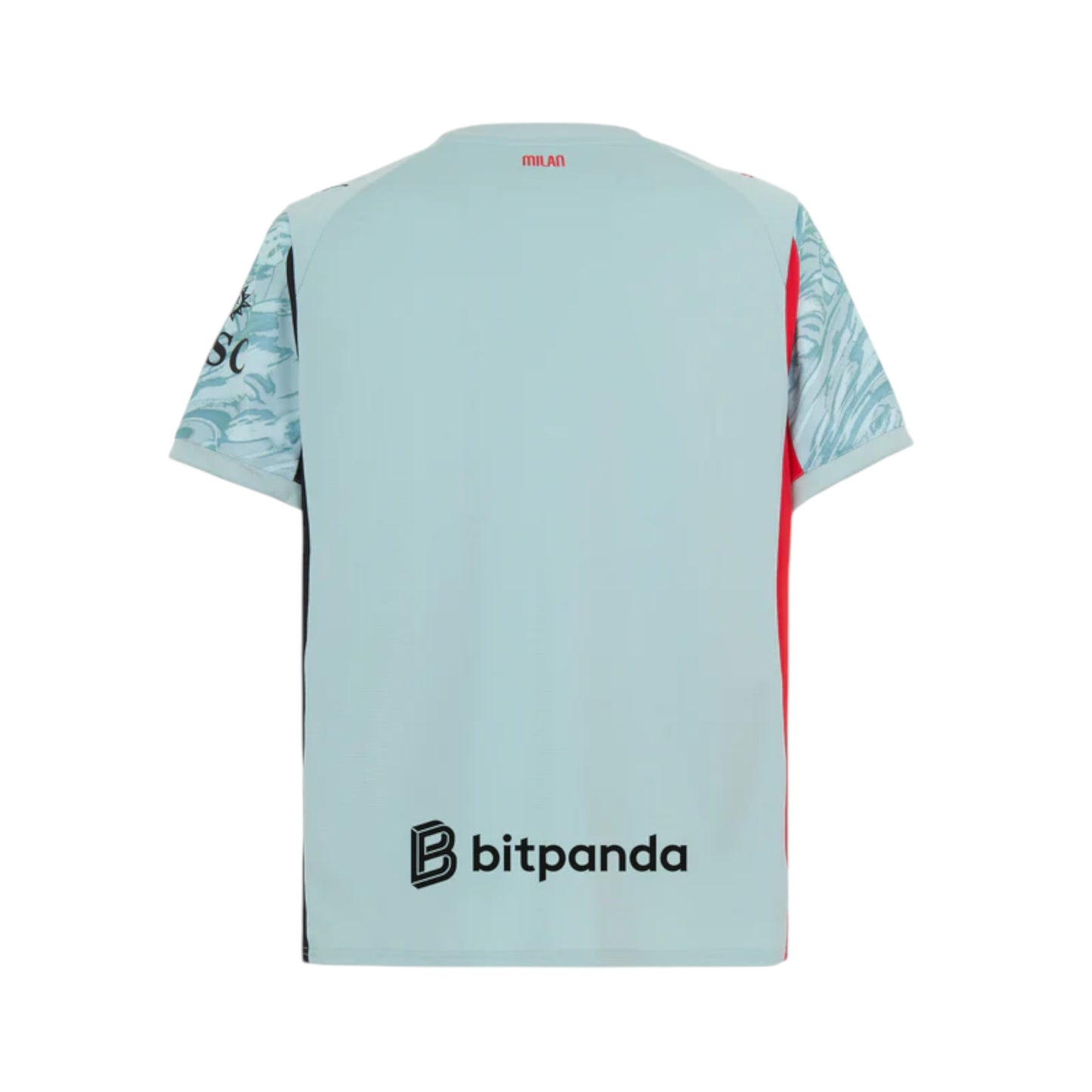 GOATkitz AC Milan 2025-26 grey goalkeeper jersey with patterned sleeves and red accents. Features "MILAN" text on the back.