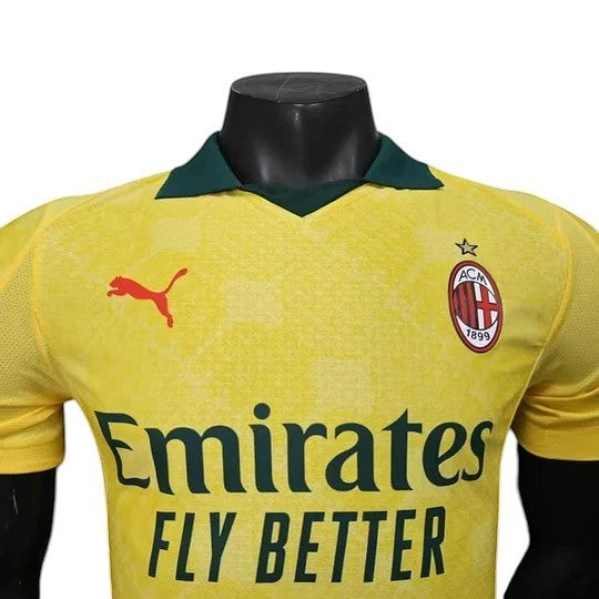 GOATkitz AC Milan 2025-26 yellow player version football jersey with green collar and dark green Emirates Fly Better print.