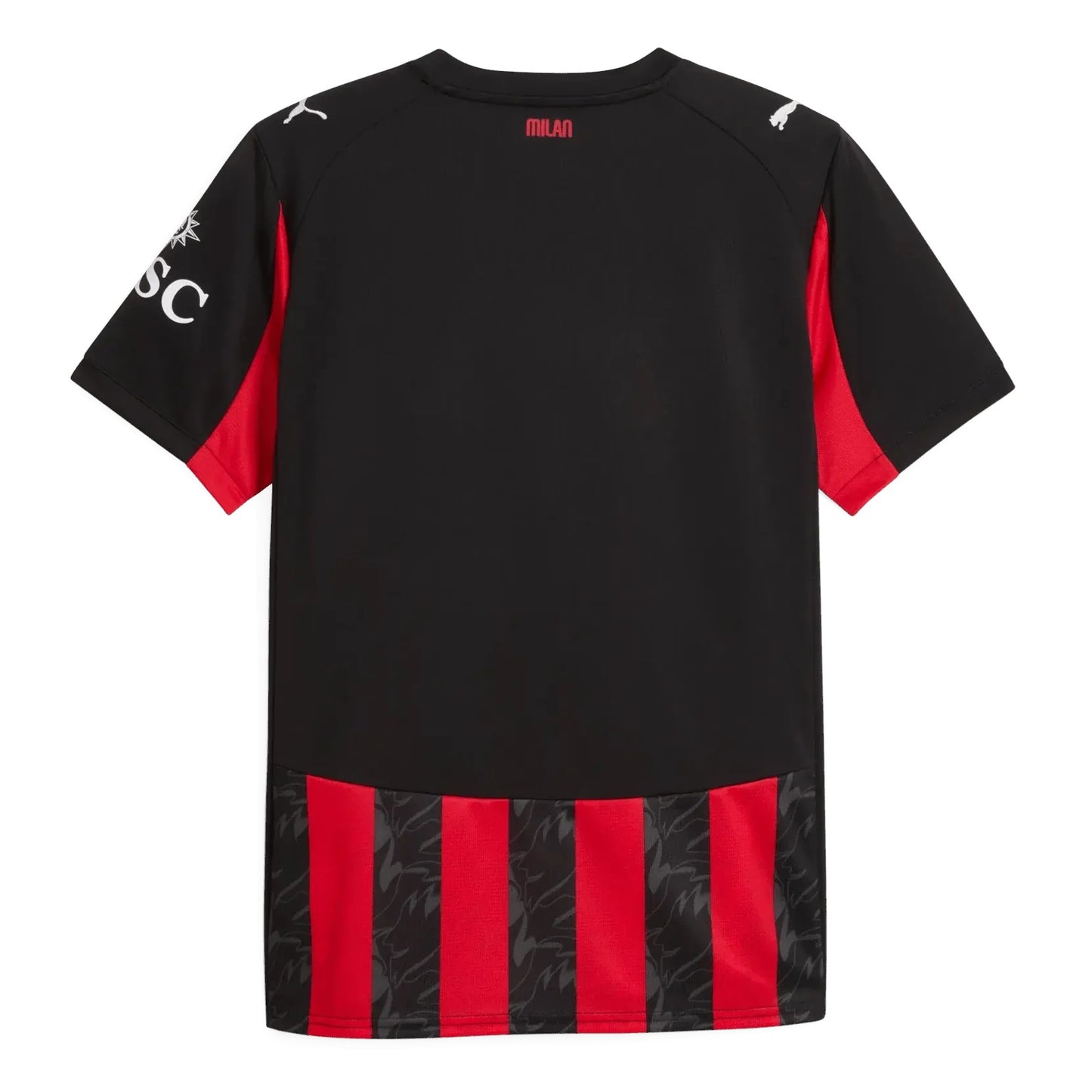 GOATkitz AC Milan 2025-26 adult home jersey, black with red accents and striped hem. Features Puma logo and 'MILAN' text.
