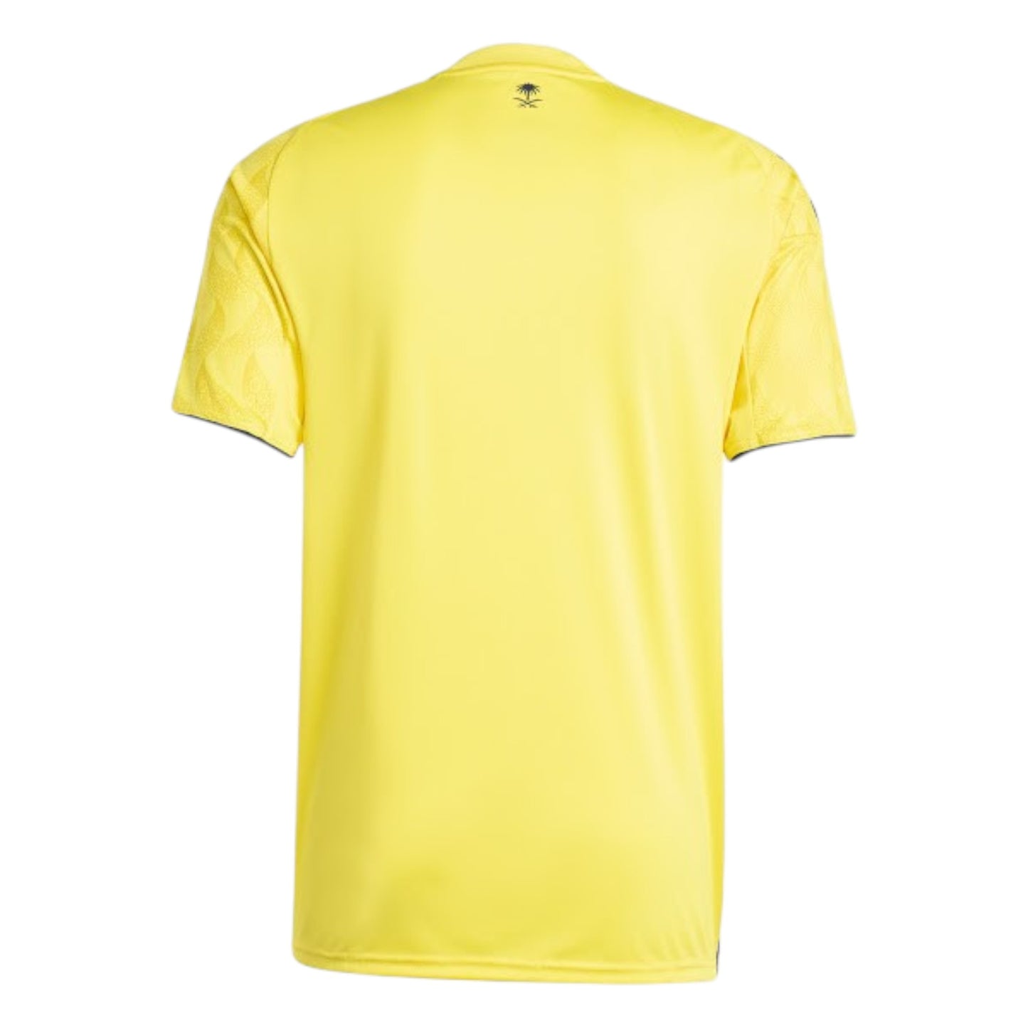 GOATkitz Al-Nassr 2025-26 adult home jersey in yellow with blue trim. Features a subtle geometric pattern on the sleeves and a small palm tree logo on the back.