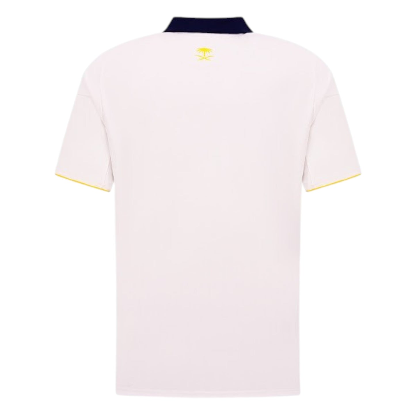 GOATkitz Al-Nassr 2025-26 white football jersey with navy collar and yellow trim. Features a yellow palm tree logo on the back.