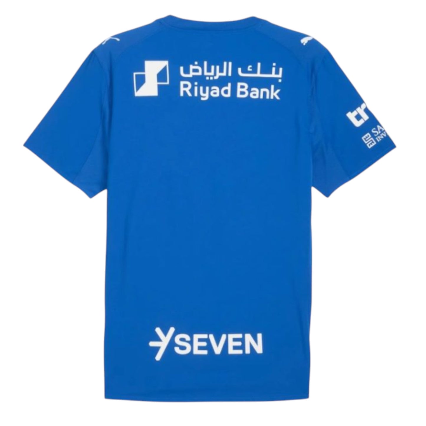 GOATkitz blue Al-Hilal 2025-26 adult home jersey with Riyadh Bank logo on back. Short sleeves, crew neck.