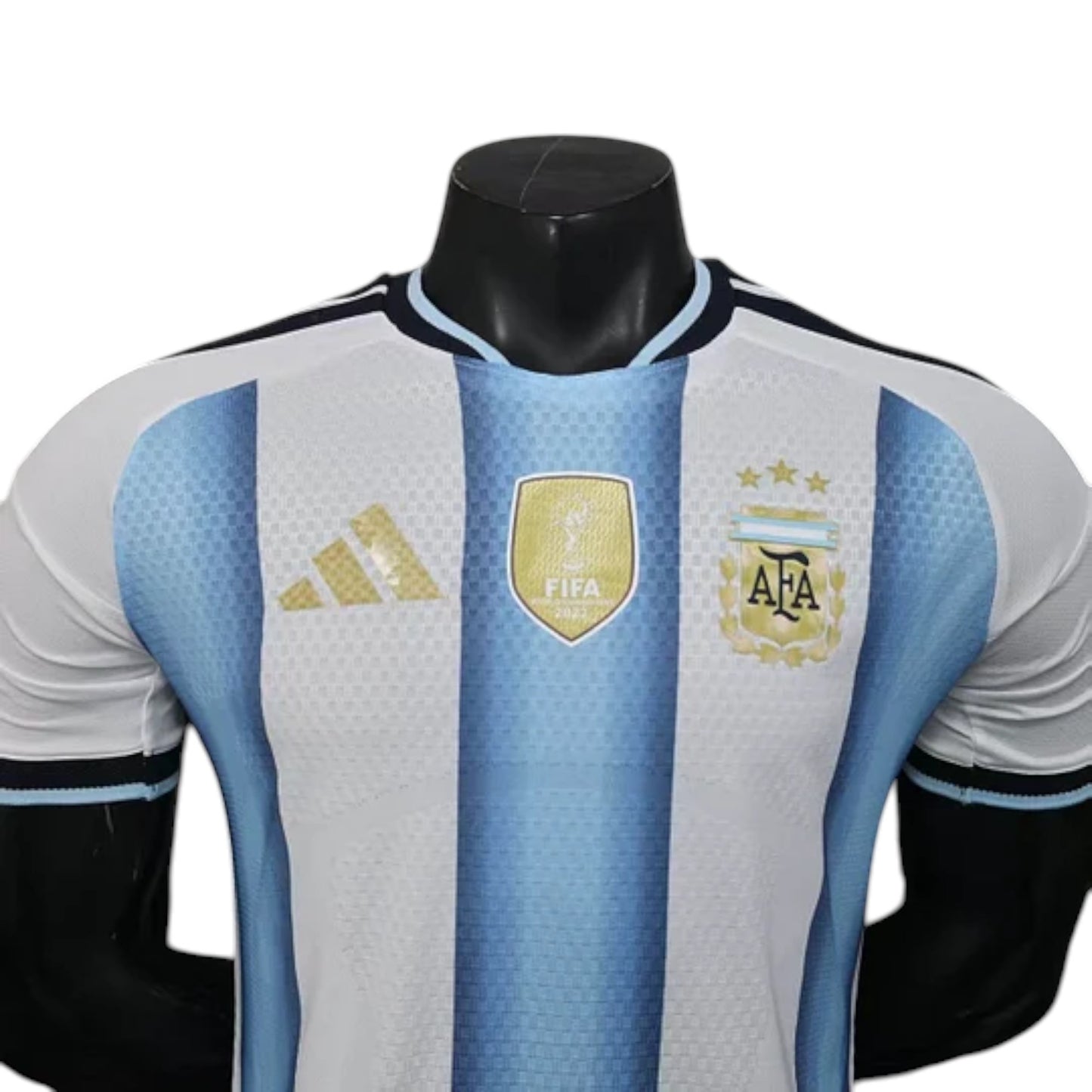 GOATkitz Argentina 2026 player version home jersey in white and light blue stripes, with gold Adidas logo and AFA crest.