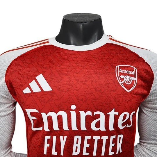 GOATkitz Arsenal 2025-26 red long sleeve player version football jersey with white Emirates Fly Better sponsor.