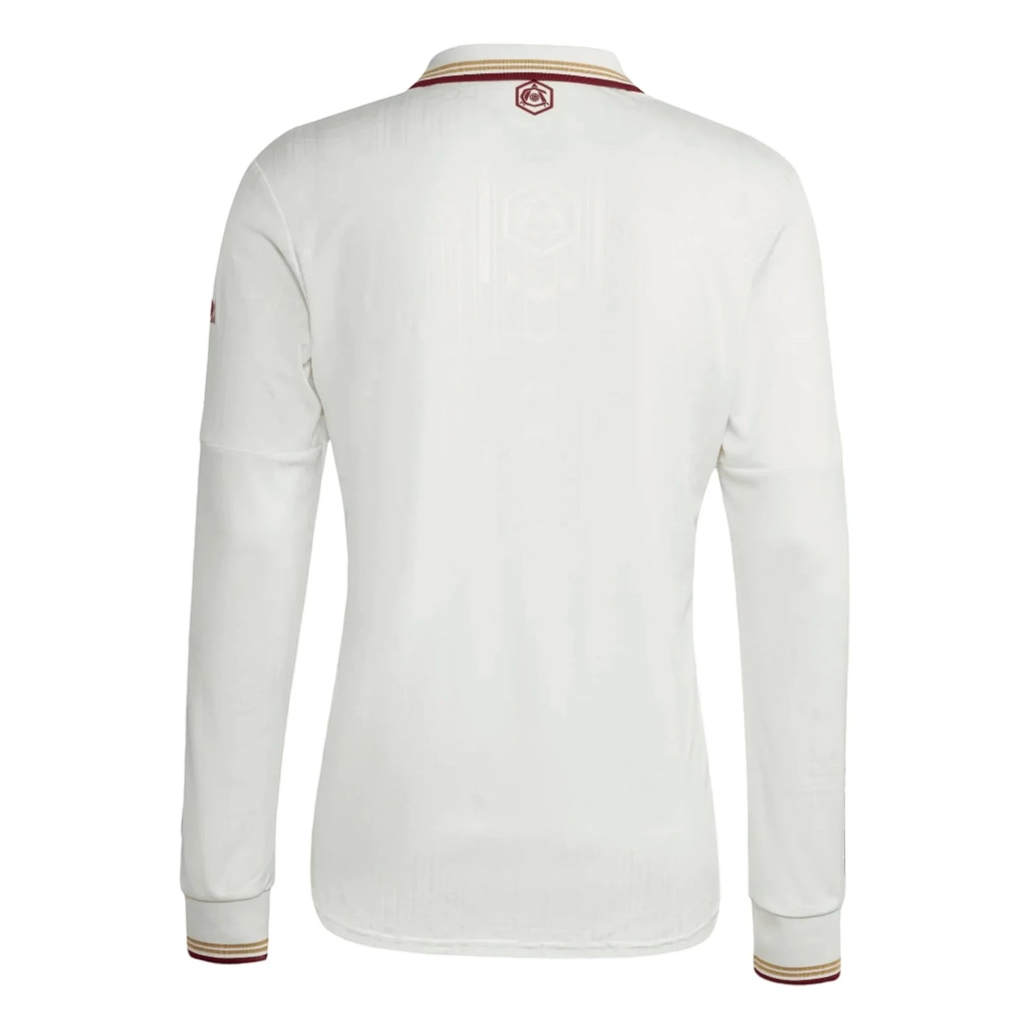 GOATkitz Arsenal 2025-26 adult third long sleeve jersey in white with maroon and gold trim on collar and cuffs.