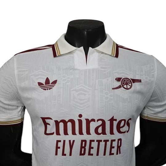 GOATkitz Arsenal 2025-26 white player version third jersey with maroon and gold trim. Customizable.
