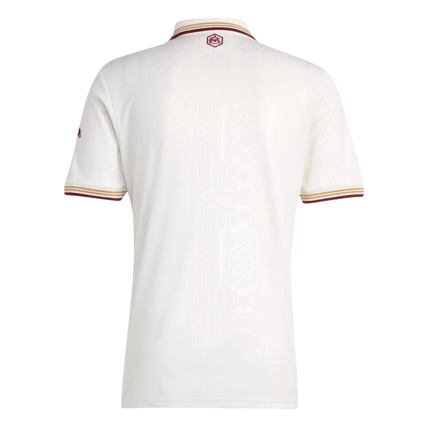 GOATkitz Arsenal 2025-26 adult third jersey in white with maroon and gold trim on collar and sleeves. Features subtle geometric pattern.