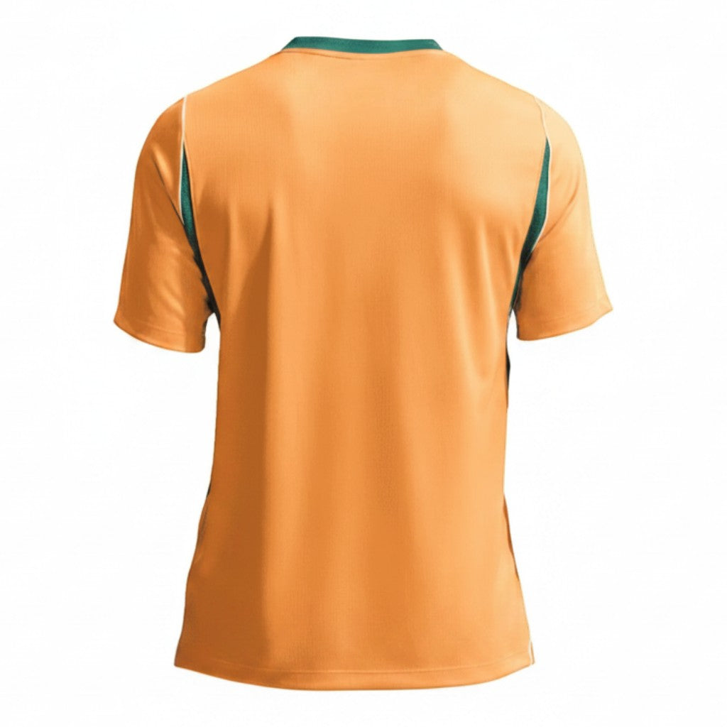 GOATkitz Australia 2026 Adult Home Jersey, orange with green trim, short sleeves, crew neck, fan version.