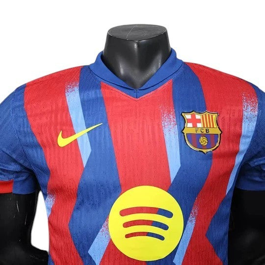 GOATkitz Barcelona 2025-26 adult player version fourth jersey in blue and red with yellow Nike logo and Spotify emblem.