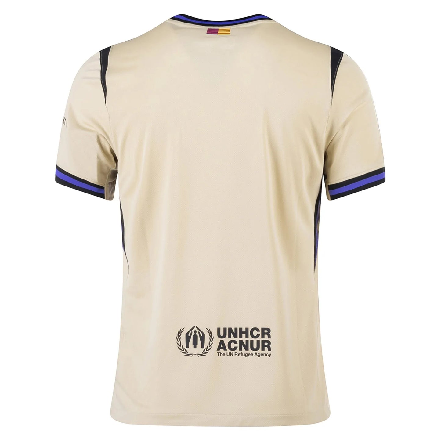 GOATkitz Barcelona 2025-26 away jersey in beige with blue and purple trim. Features UNHCR logo on back.