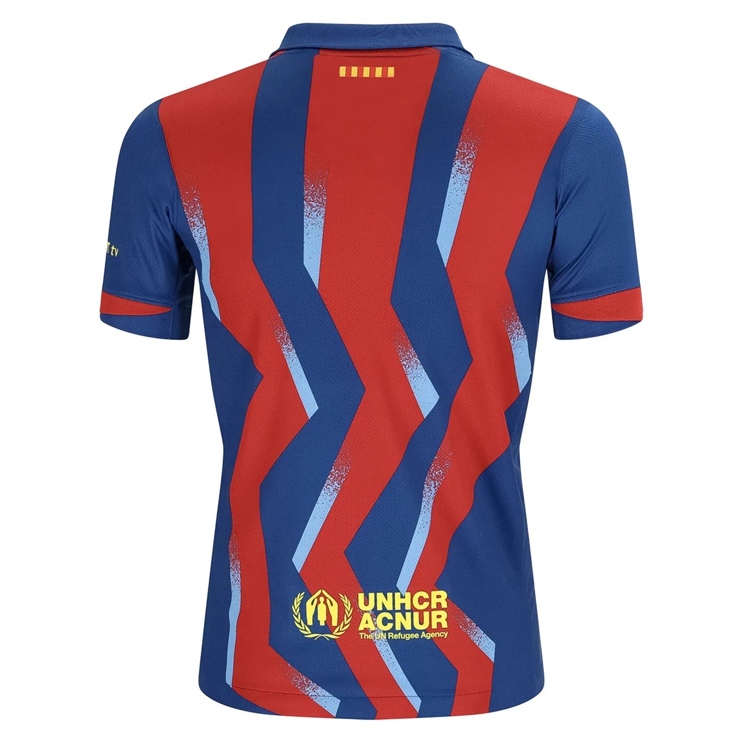 GOATkitz Barcelona 2025-26 adult fourth jersey, blue with red and light blue zigzag pattern, UNHCR logo on back.