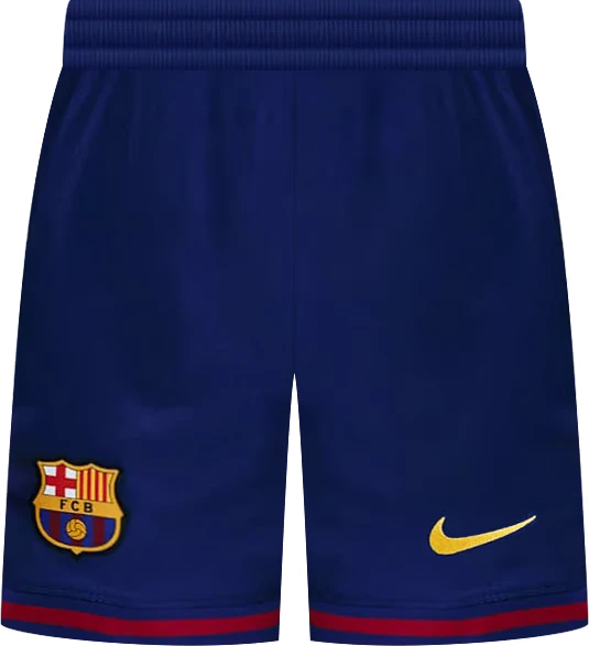 GOATkitz Barcelona 2025-26 kids home soccer shorts in navy blue with FCB crest and gold Nike swoosh.