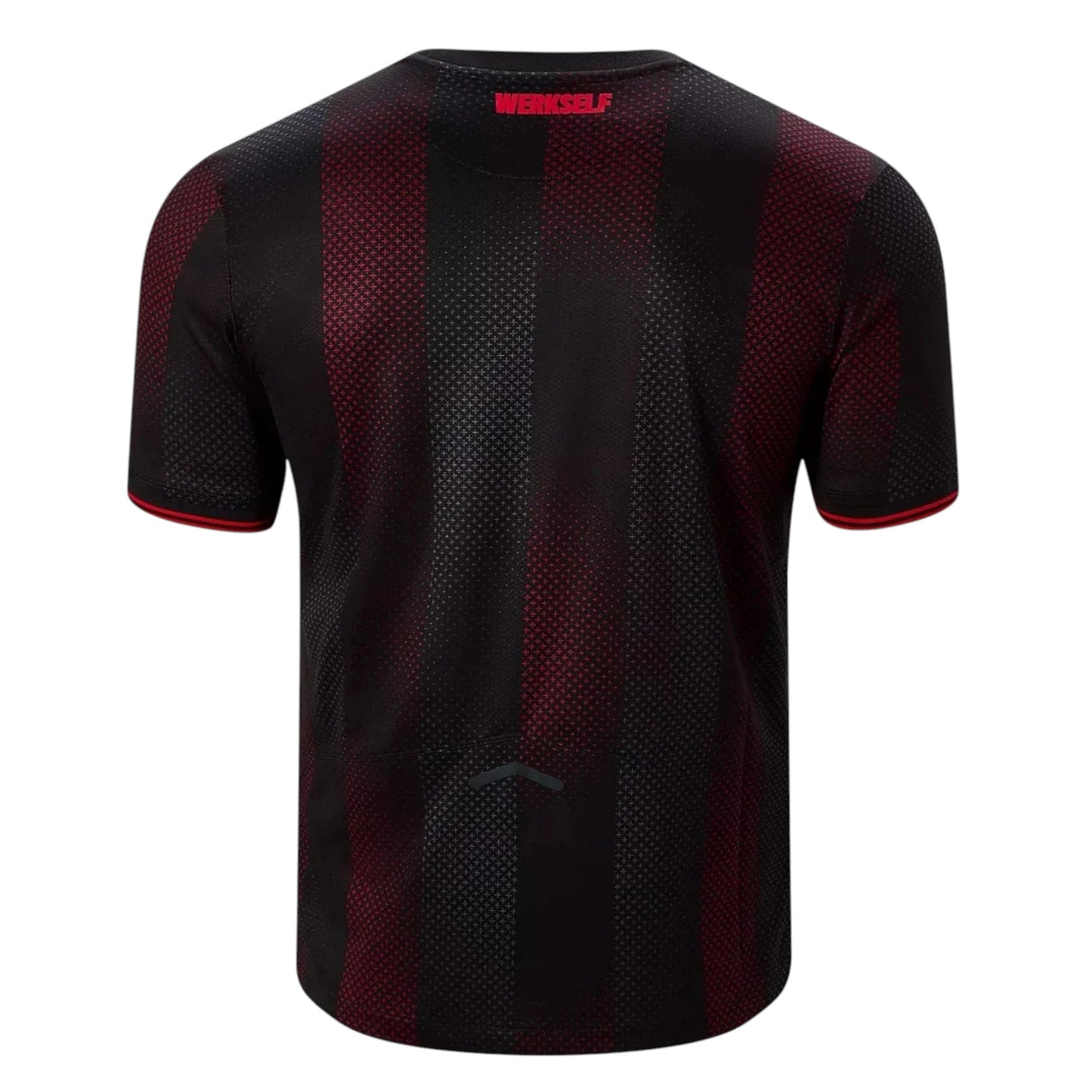GOATkitz Bayer Leverkusen 2025-26 adult home jersey, black with red vertical stripes and red trim on sleeves.