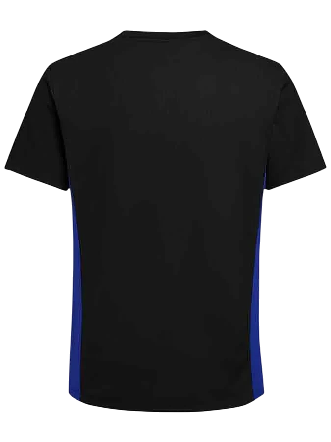GOATkitz Barcelona Black Prematch Kobe Jersey, back view. Black t-shirt with blue side panels. Customizable.