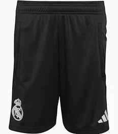 GOATkitz black Real Madrid 2025-26 kids goalkeeper shorts with club crest and Adidas logo.