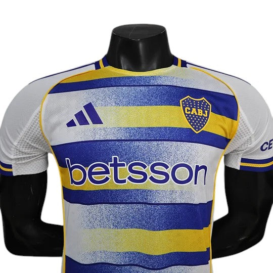 GOATkitz Boca Juniors 2025-26 player version third jersey with blue and yellow stripes, white sleeves, and customizable options.