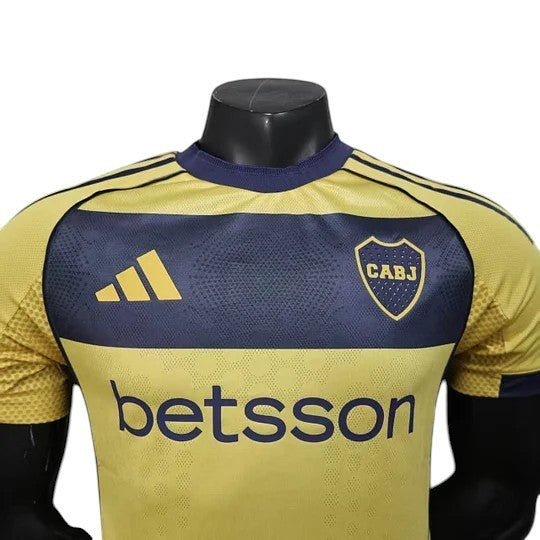 GOATkitz Boca Juniors 2025-26 player version away jersey in yellow and navy blue with customizable name and number.