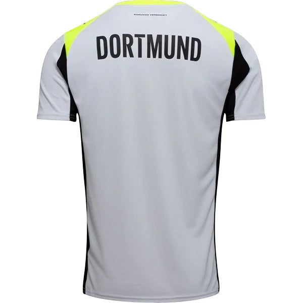 GOATkitz Borussia Dortmund 2025-26 away jersey, white with black and neon yellow accents, featuring "DORTMUND" text on back.