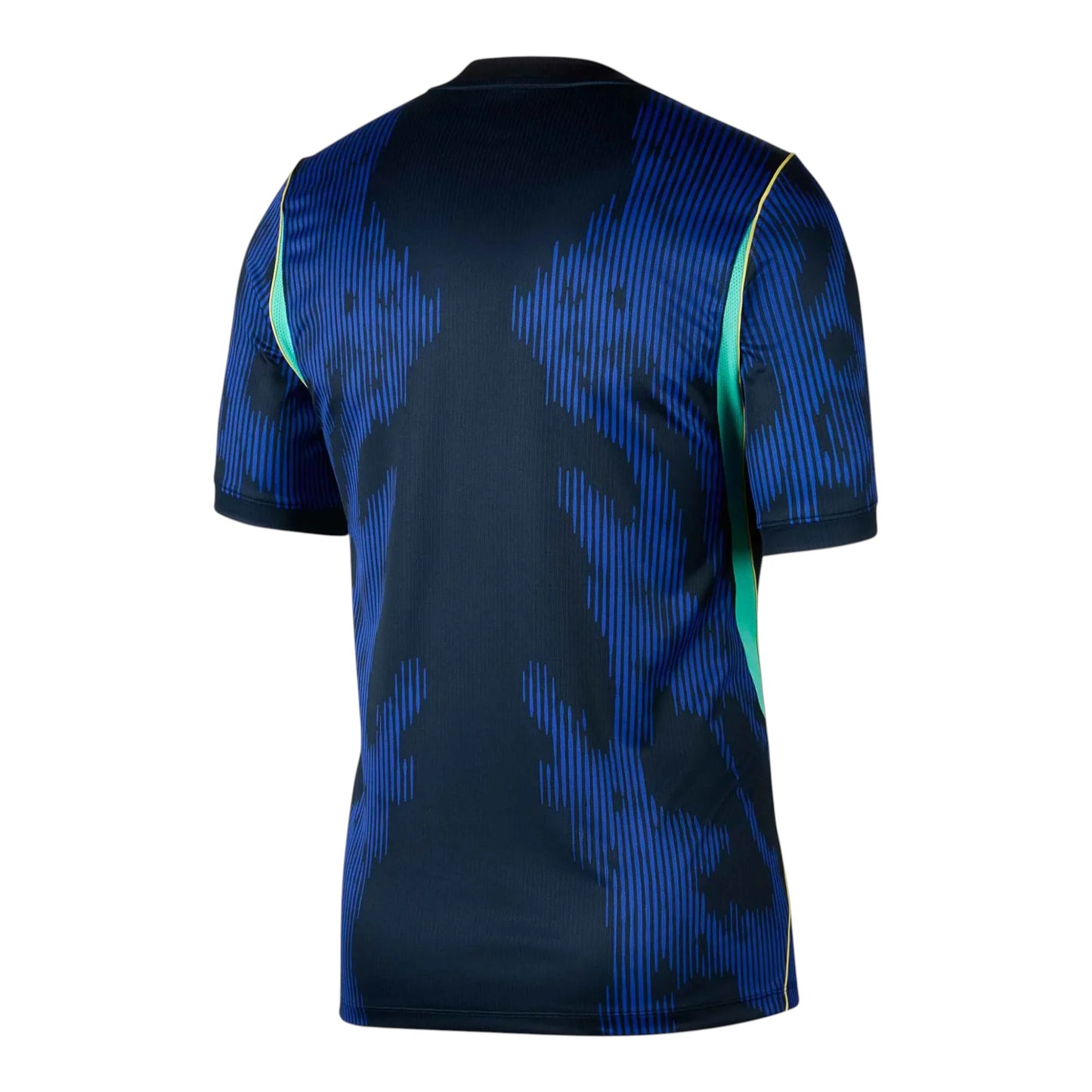 GOATkitz Brazil 2026 Adult Away Jersey, dark blue with blue abstract pattern and green side panels.