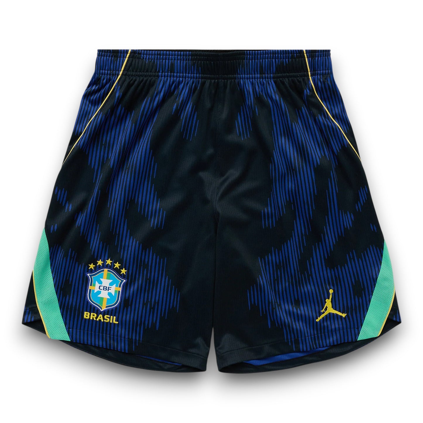 GOATkitz kids' black and blue patterned soccer shorts with Brazil CBF crest and yellow Jumpman logo.