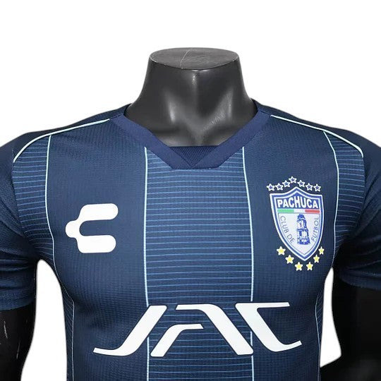 GOATkitz CF Pachuca 2025-26 navy blue player version away jersey with white pinstripes and logos.