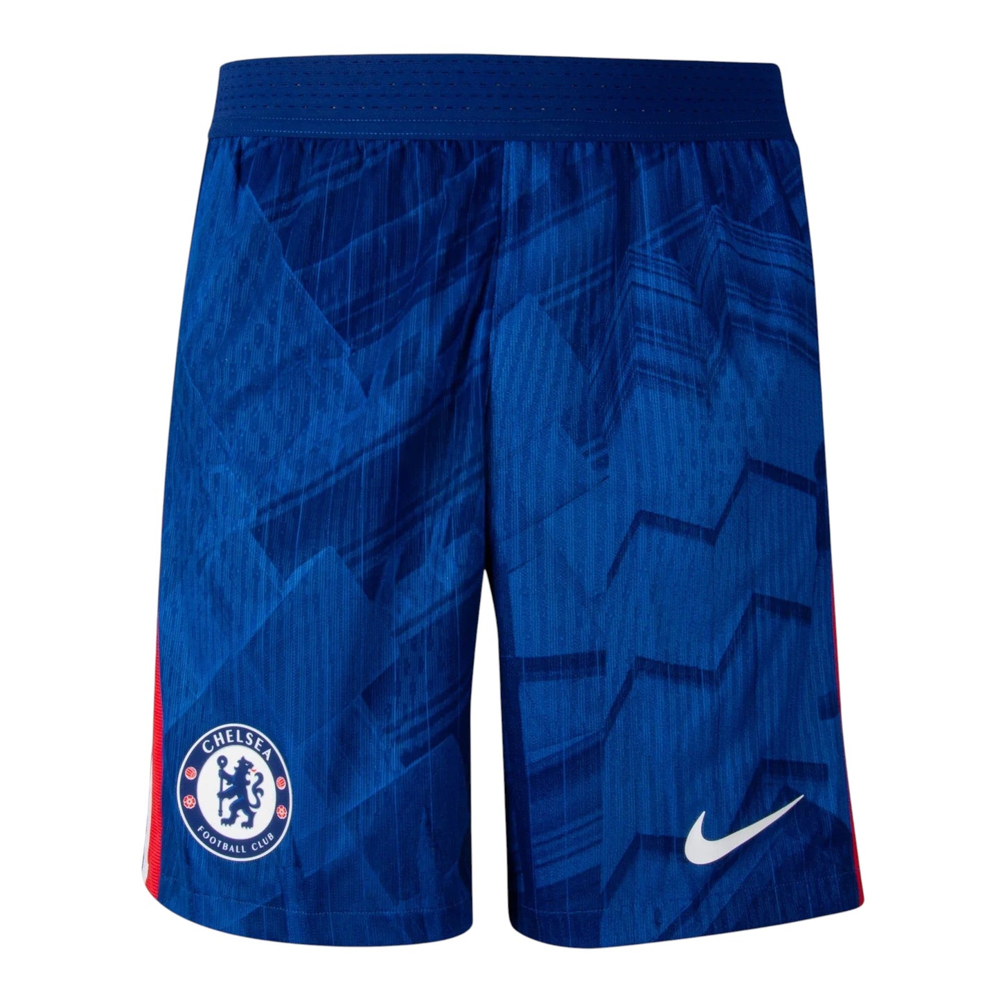 GOATkitz Chelsea 2025-26 kids home football shorts in blue with geometric pattern, red side stripes, club crest and Nike logo.
