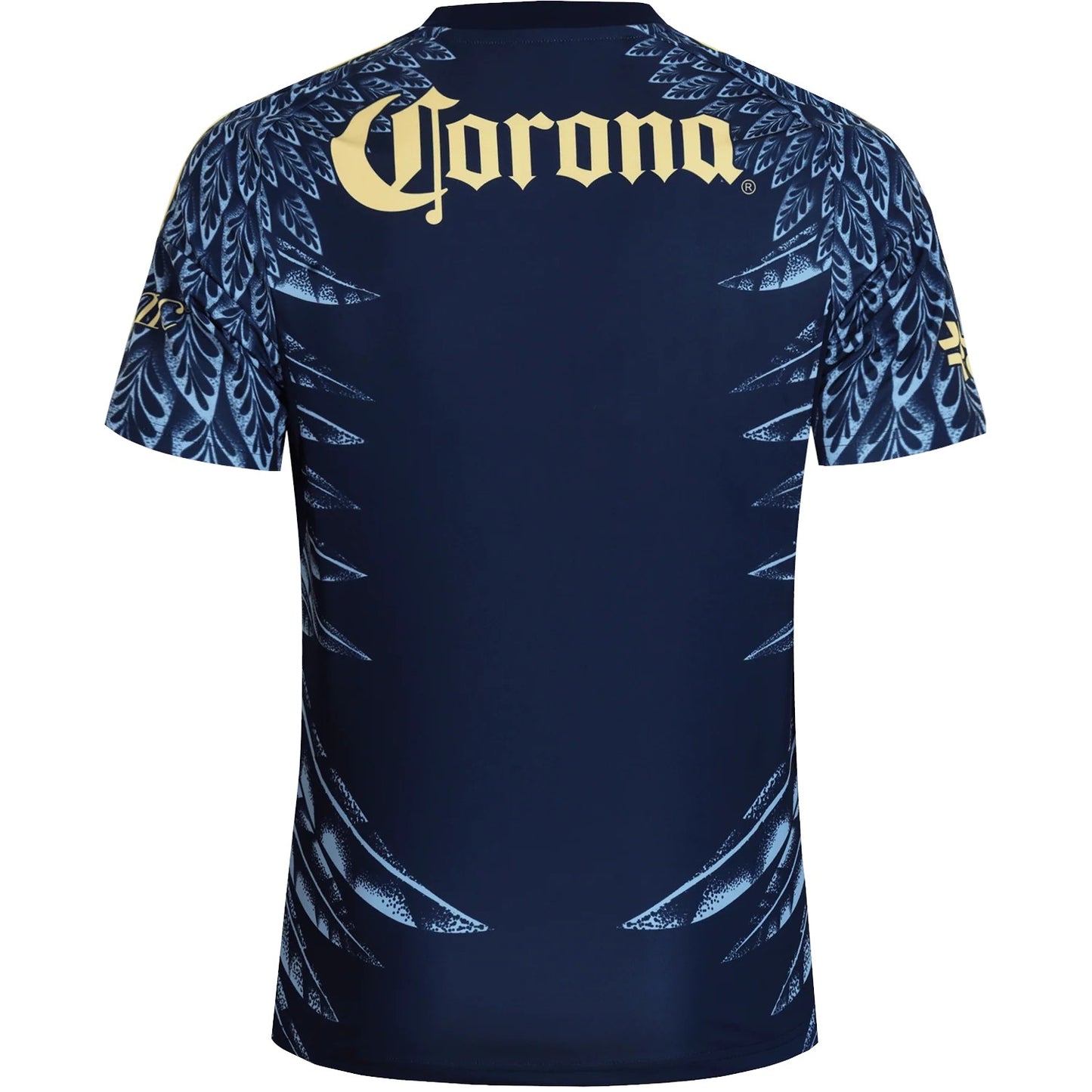 GOATkitz Club América 2025-26 adult away jersey in navy blue with light blue feather-like accents and gold Corona logo on back.