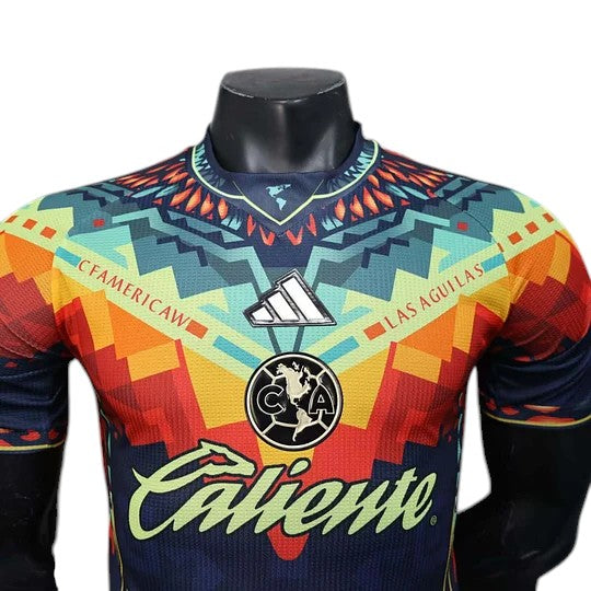 Club América 2025-26 Player Version dark blue jersey with vibrant geometric patterns, featuring the team crest and Caliente sponsor.