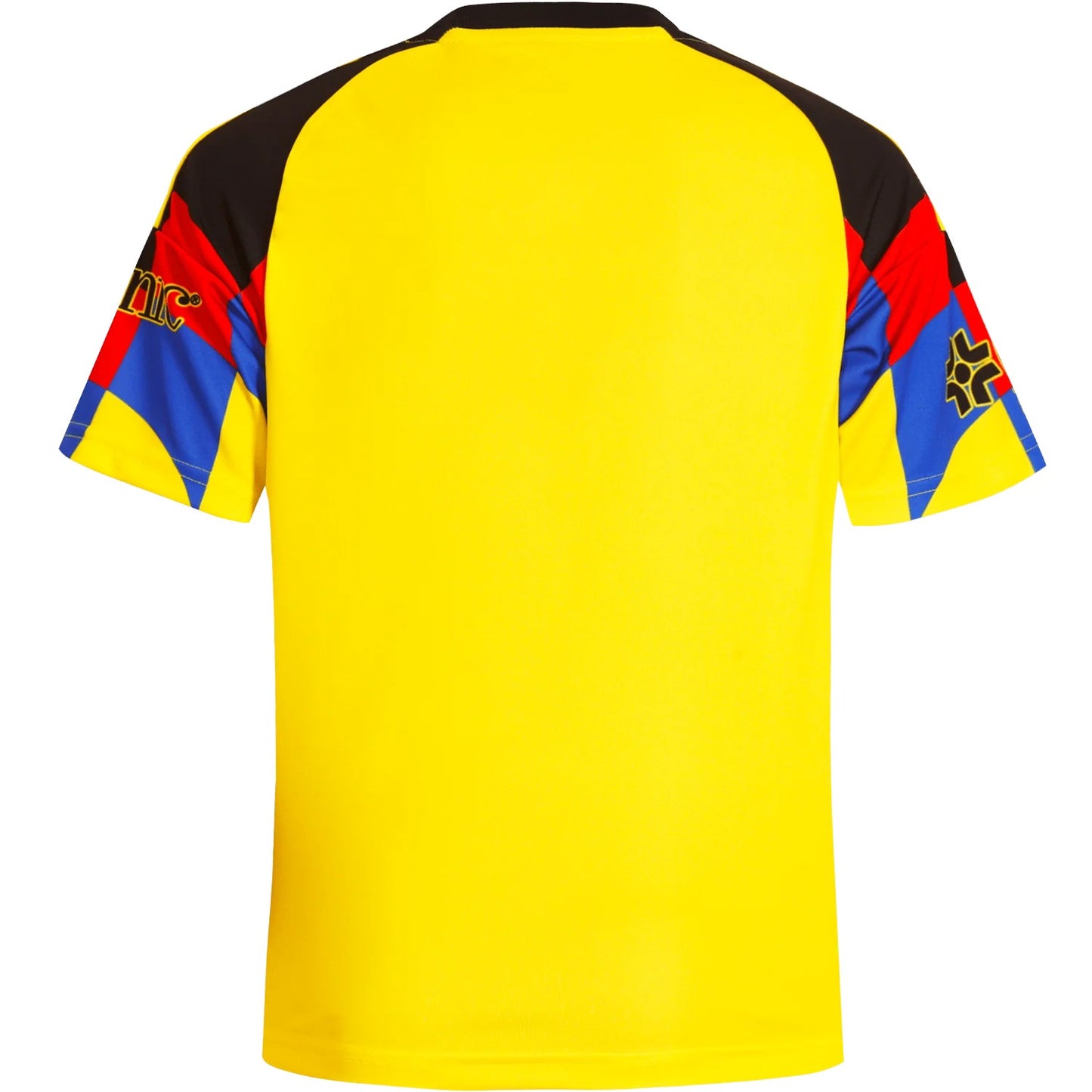 GOATkitz Club América 2025-26 adult home jersey in yellow with black sleeves and colorful geometric pattern on the shoulders.