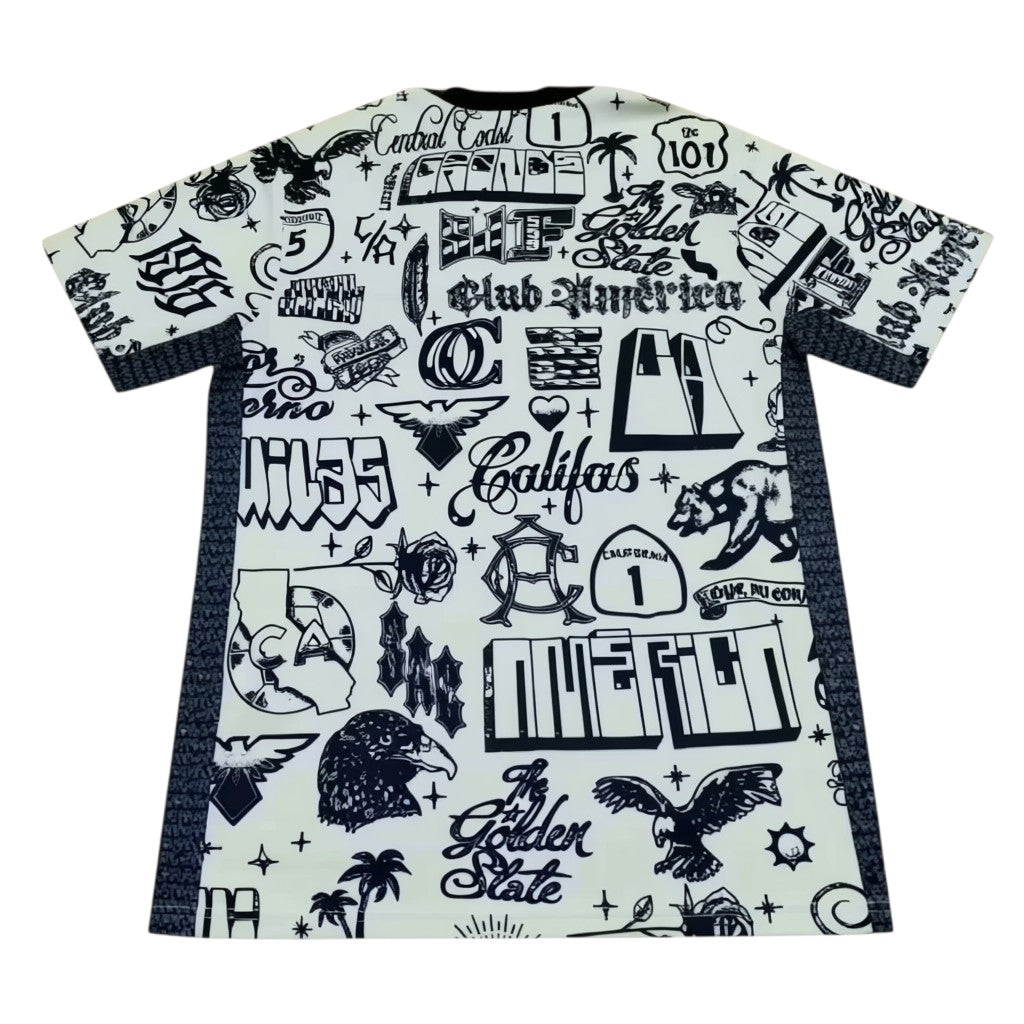 GOATkitz Club América 2025-26 training jersey, white with black graphic print including eagles, California motifs, and text.