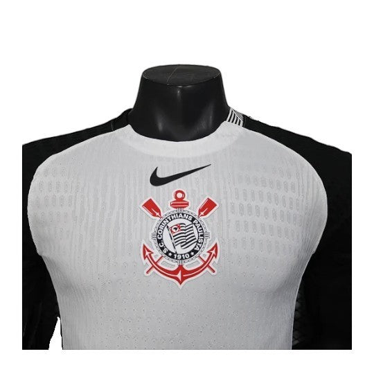 GOATkitz Corinthians 2025-26 player version home jersey, white with black sleeves, Nike logo, and team crest.