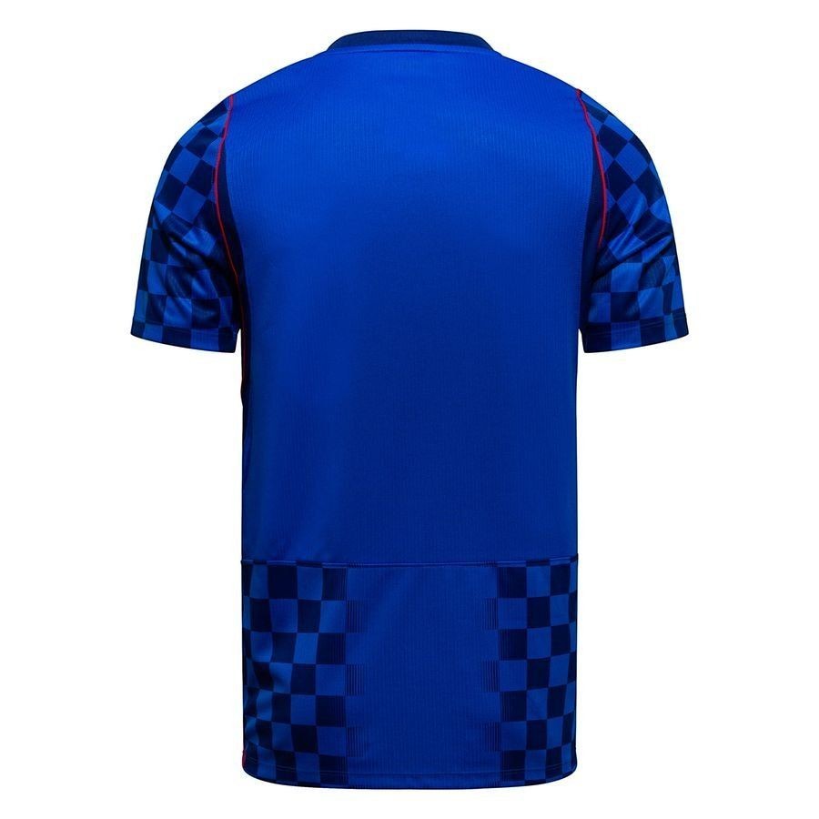 GOATkitz Croatia 2026 Adult Away Jersey, royal blue with checkered sleeves and hem, crew neck, short sleeves.