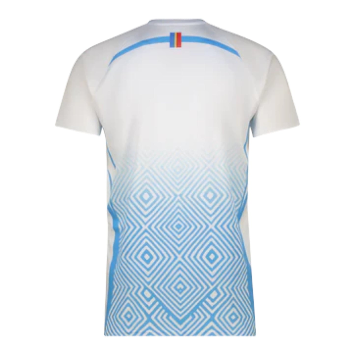 GOATkitz DR Congo 2026 Adult Away Jersey, white with blue geometric pattern on lower back and light blue accents.