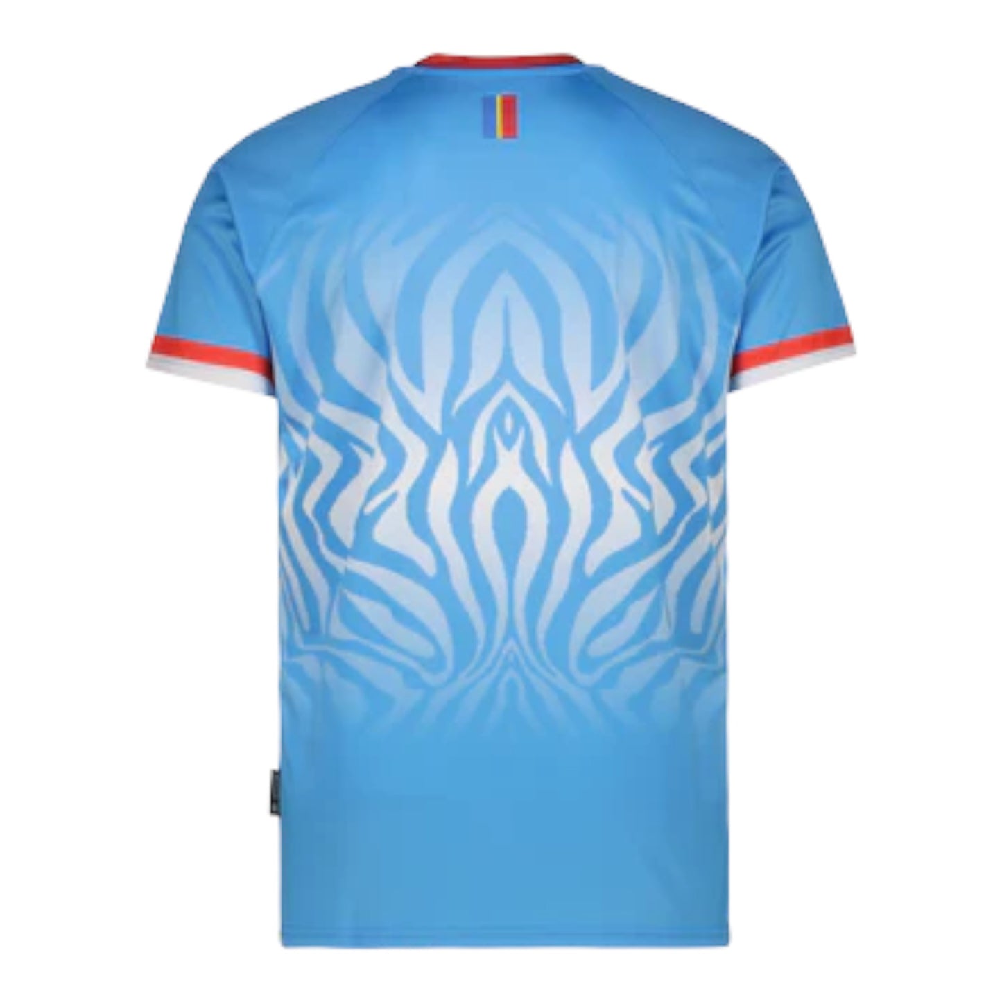 GOATkitz DR Congo 2026 adult home jersey, light blue with white zebra-like pattern on back, red and white trim.