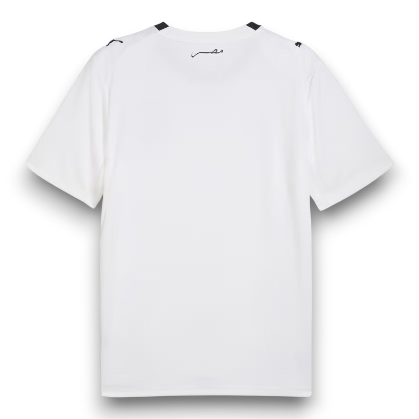 GOATkitz Egypt 2026 adult away jersey, white, short sleeves, crew neck, with black trim on shoulders and Arabic script on back.