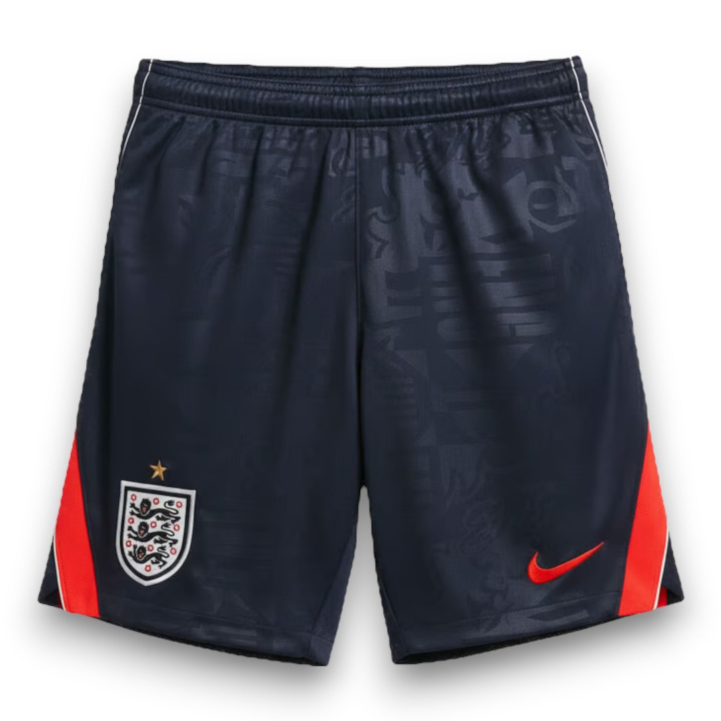 GOATkitz navy blue kids' soccer shorts with England crest, red side panels, and subtle all-over pattern.