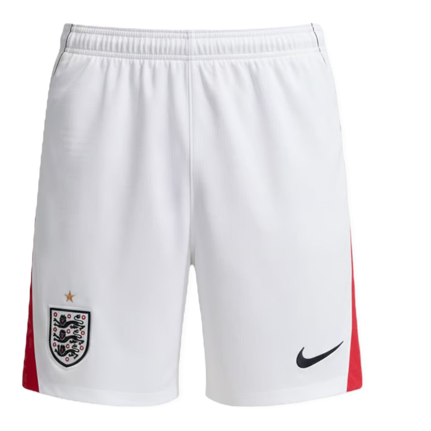 GOATkitz England 2026 kids' white football shorts with red side panels and embroidered crest.