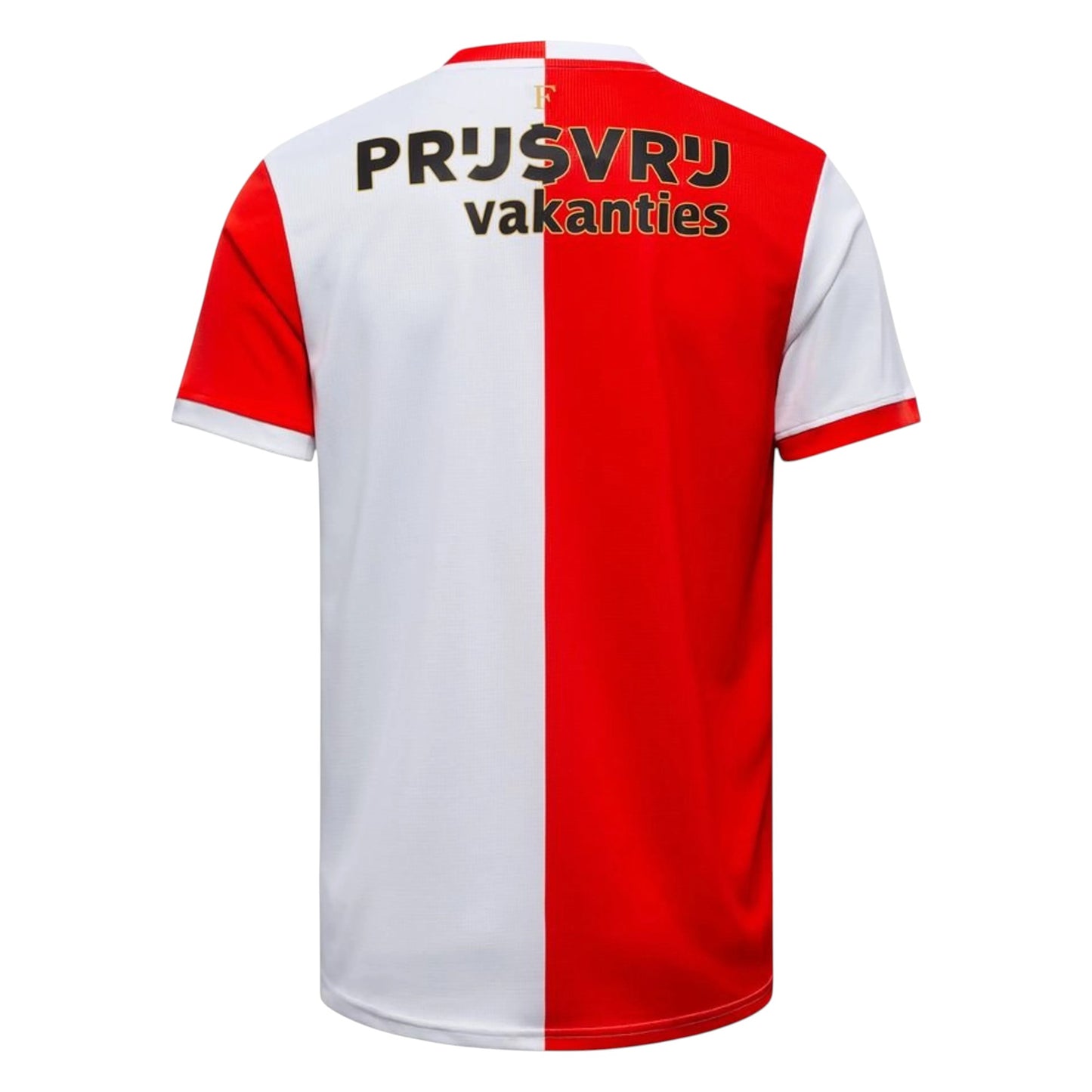 GOATkitz Feyenoord 2025-26 adult home jersey, red and white halves, with customizable name and number on back.