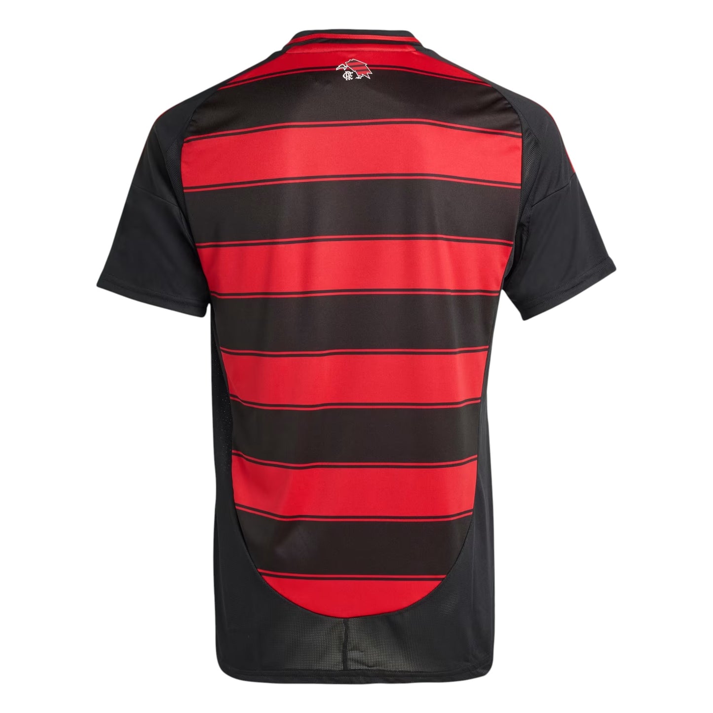 GOATkitz Flamengo 2025-26 adult home jersey, black with red horizontal stripes and black sleeves. Features customizable options.