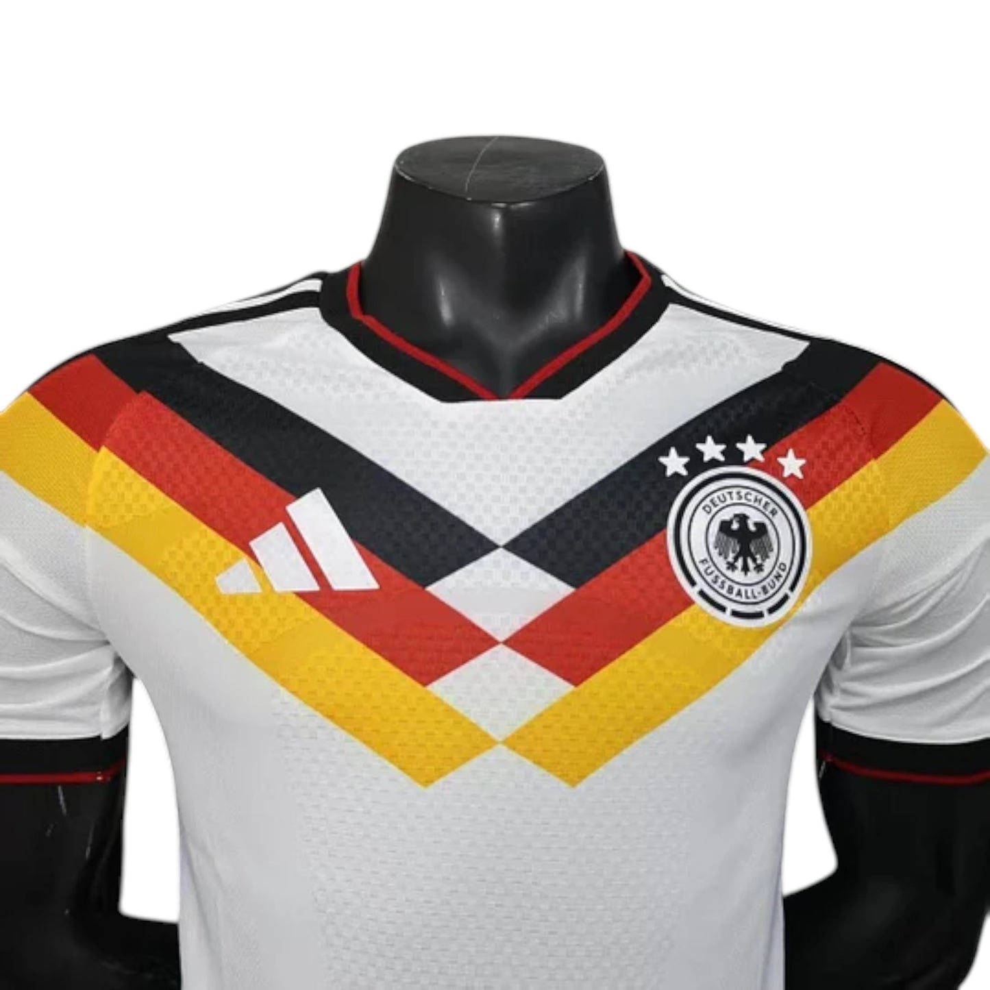 GOATkitz Germany 2026 player version home jersey, white with black, red, and yellow accents. Customizable.