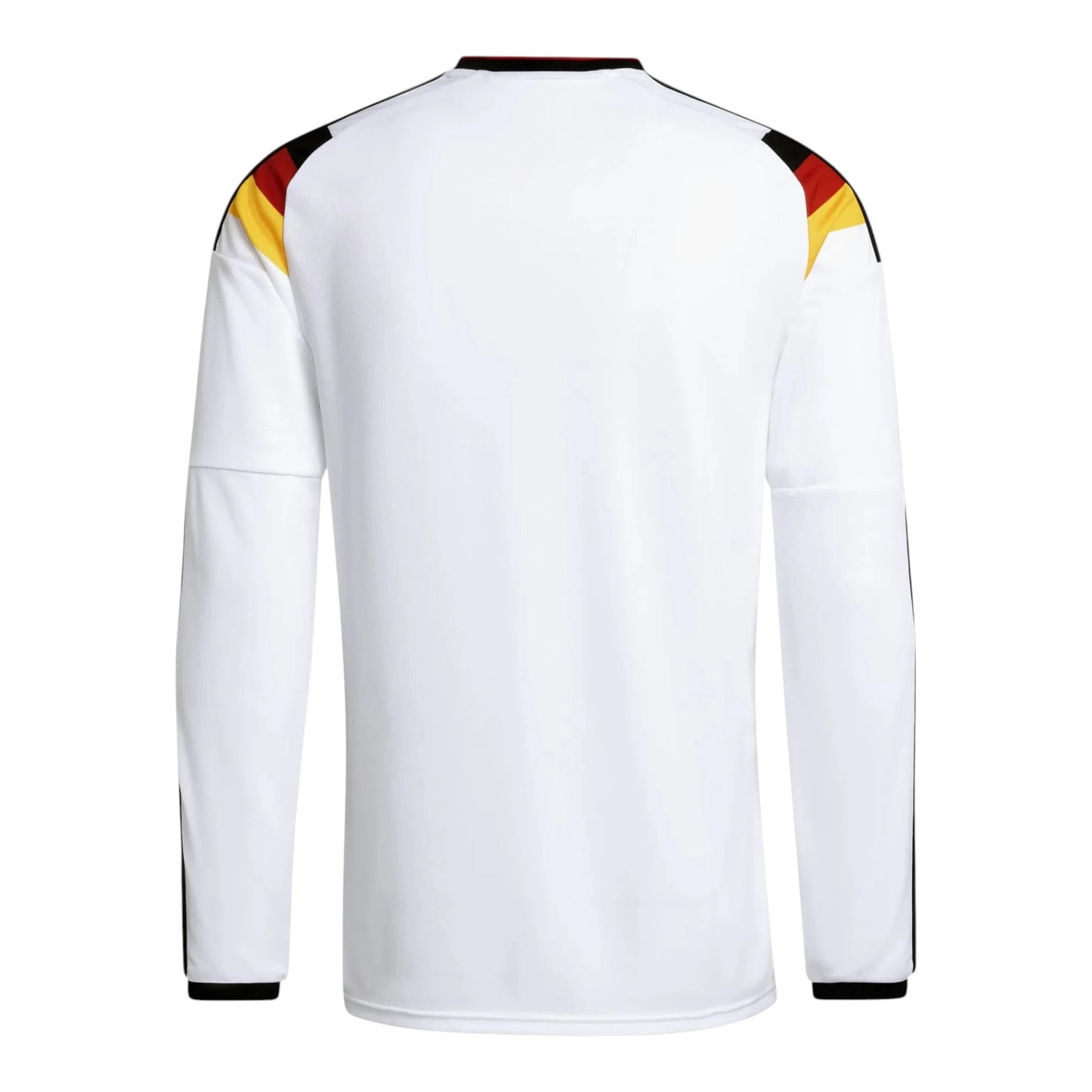GOATkitz Germany 2026 long sleeve white football jersey with black and gold trim on shoulders.