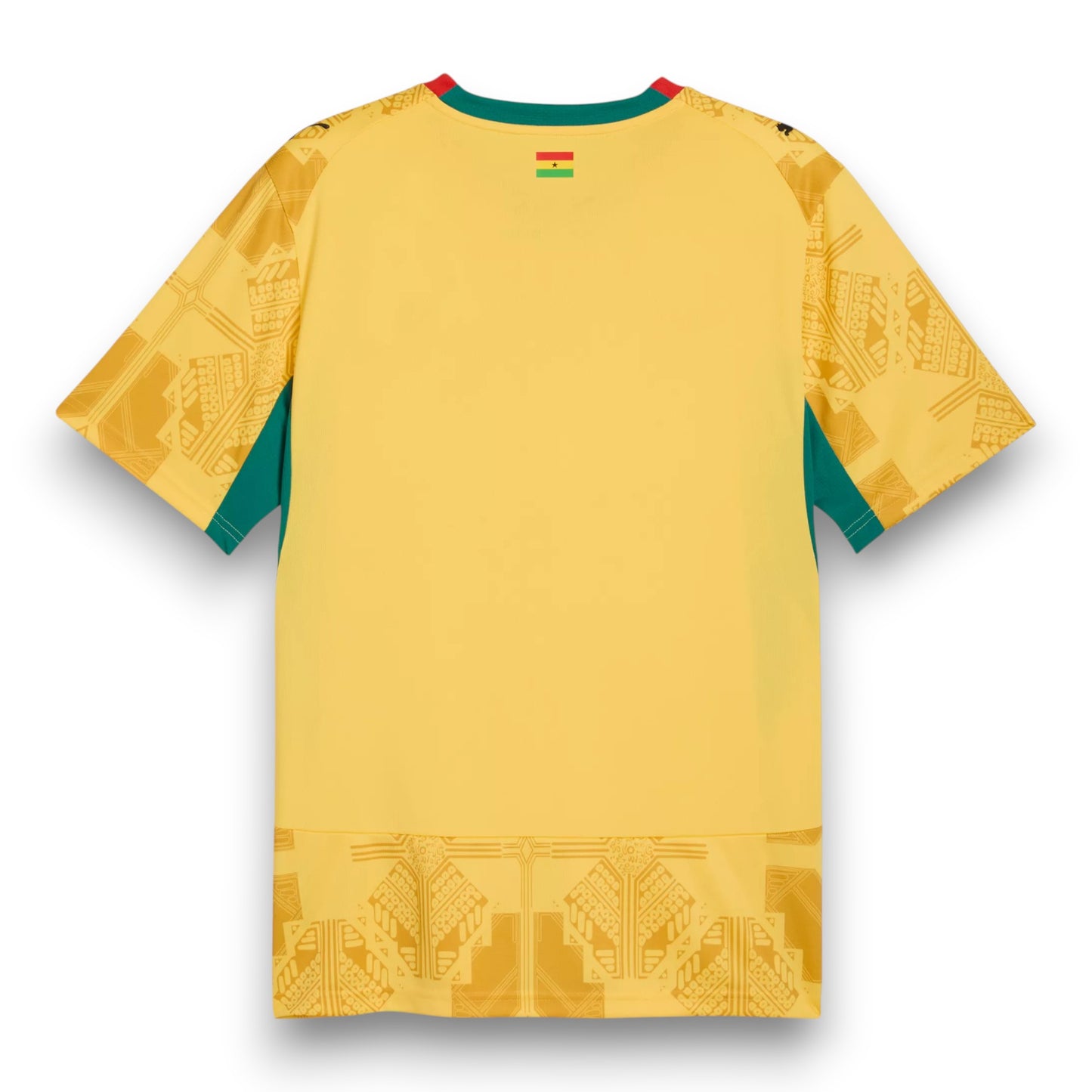 GOATkitz Ghana 2026 adult home jersey in yellow with green accents and African-inspired graphic print on sleeves and hem.