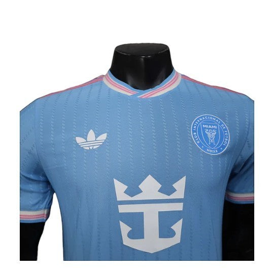 GOATkitz Inter Miami 2025-26 player version third jersey in light blue with pink and white trim. Features Adidas logo and club crest.