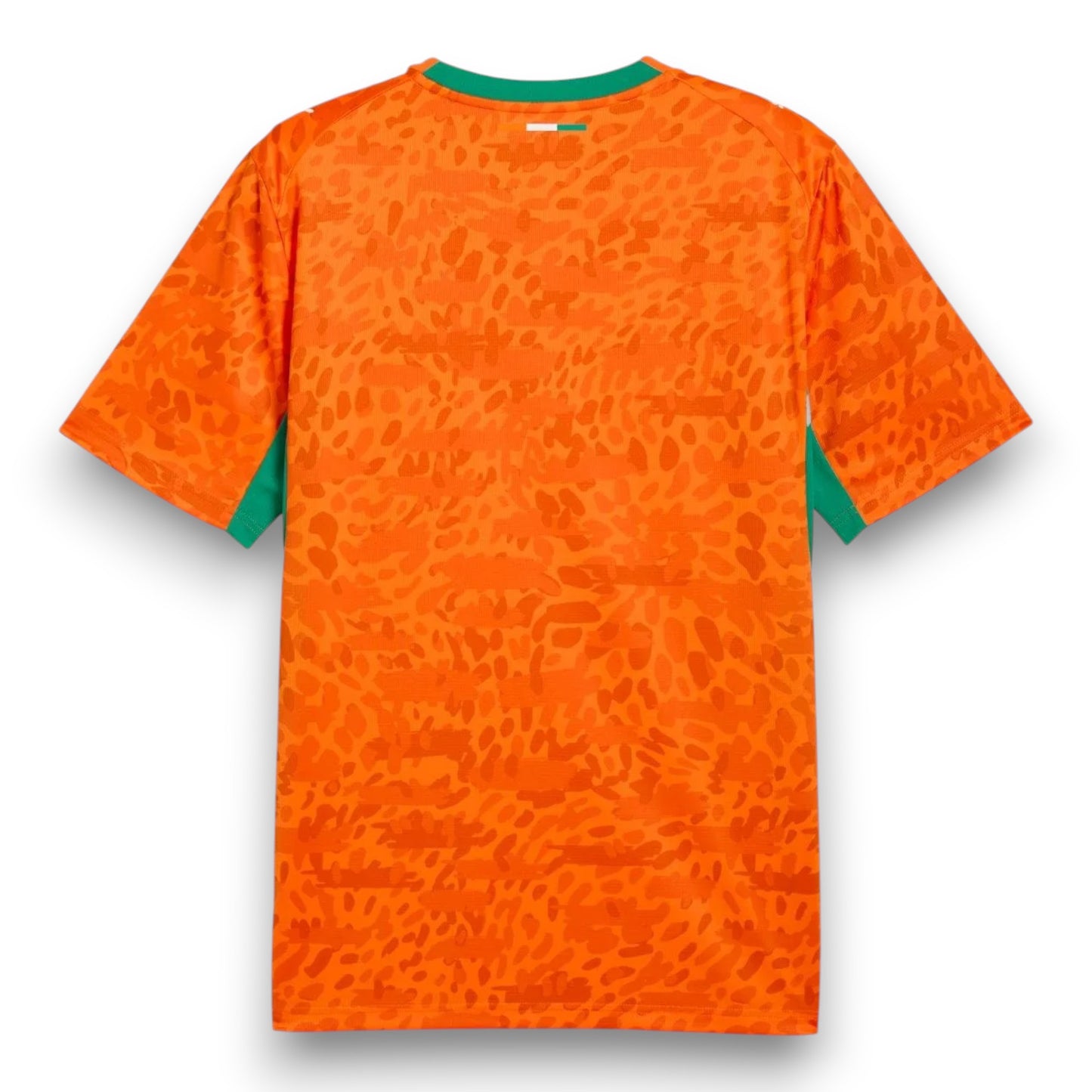 GOATkitz Ivory Coast 2026 adult home jersey in orange with green trim and a subtle animal print pattern.
