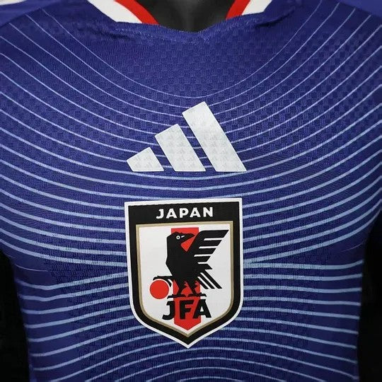 GOATkitz Japan 2026 long sleeve player version home jersey in blue with white Adidas stripes and Japan JFA crest.