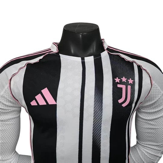 GOATkitz Juventus 2025-26 player version long sleeve jersey in black, white, and pink. Features iconic stripes and customizable options.