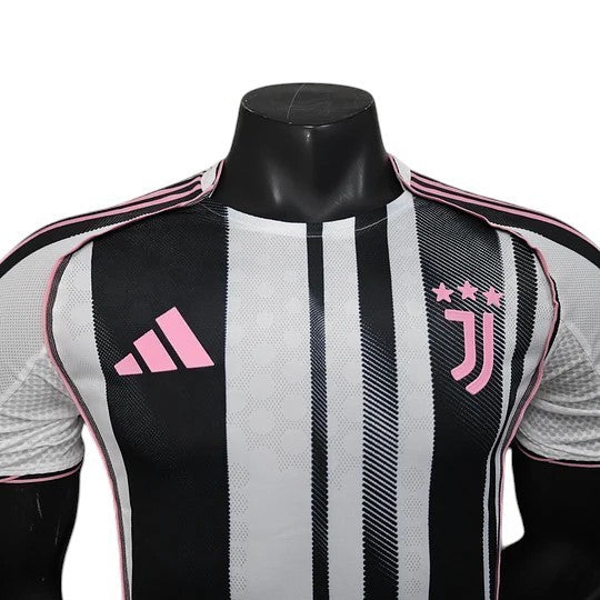 GOATkitz Juventus 2025-26 black and white striped player version home jersey with pink accents and customizable name/number.