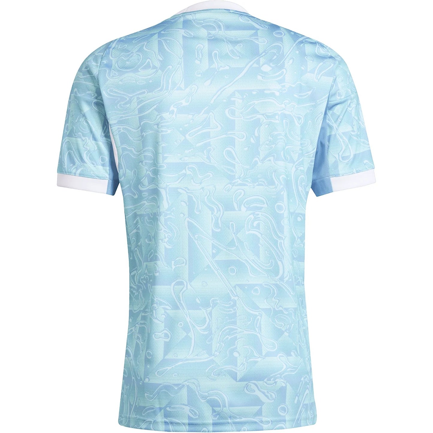 GOATkitz Juventus 2025-26 adult away jersey in light blue with a white collar and cuffs. Features a unique abstract pattern.