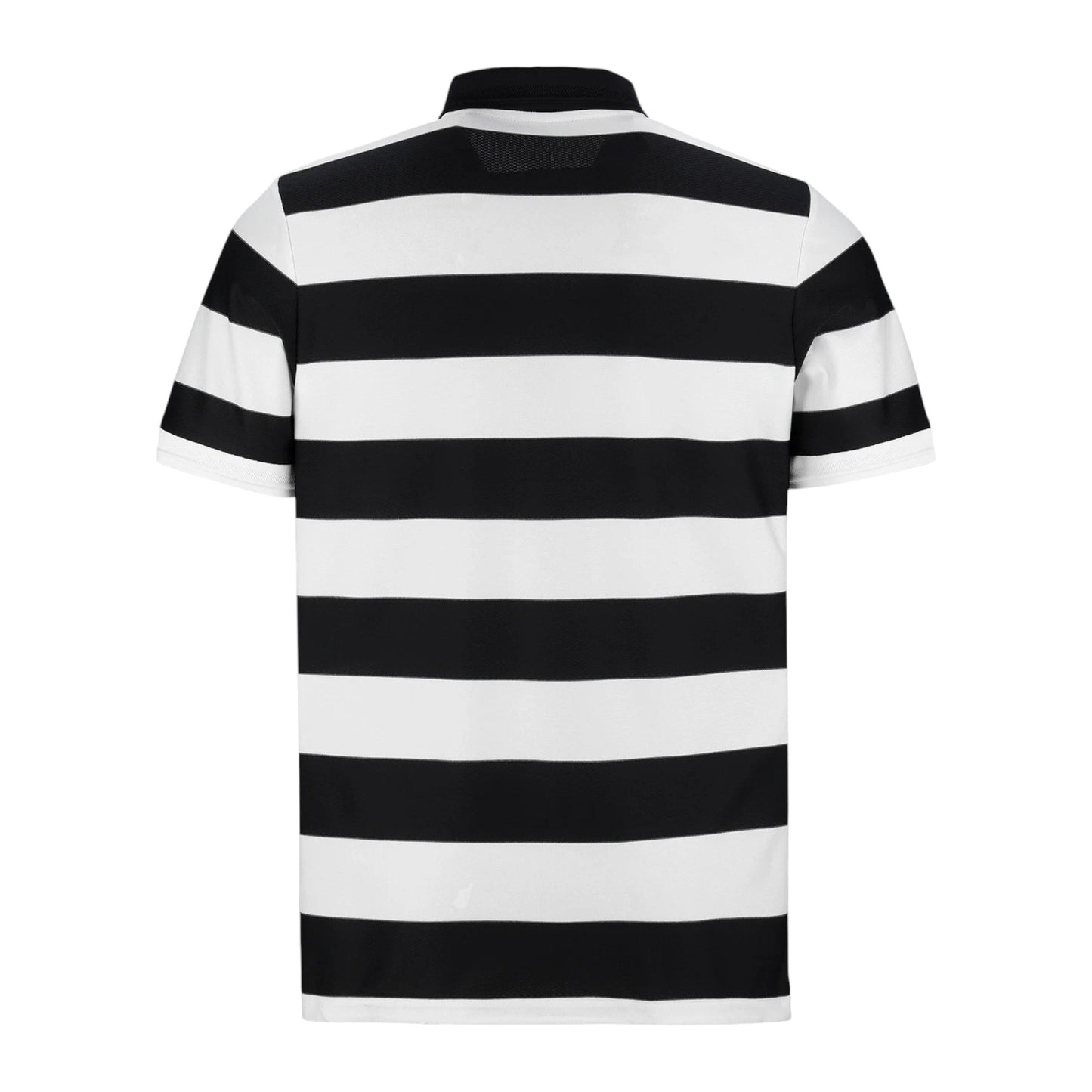 GOATkitz Juventus 2025-26 adult fourth jersey, black and white horizontal stripes, polo collar, short sleeves.