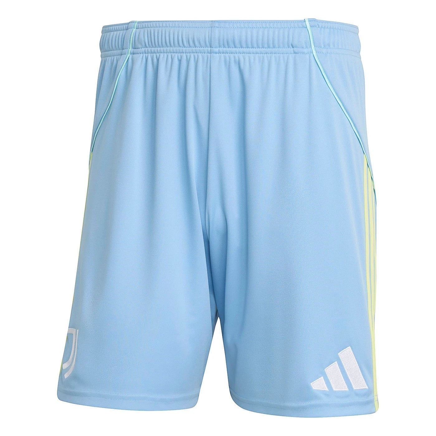 GOATkitz Juventus 2025-26 kids away shorts in light blue with yellow accents and embroidered logos.